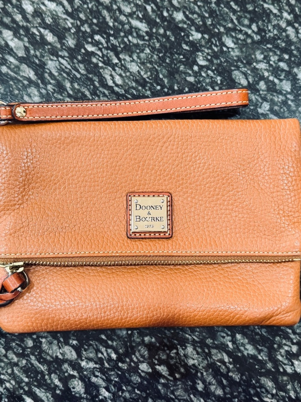 DOONEY & BOURKE BROWN PEBBLE GRAIN LEATHER FOLD OVER ZIP WRISTLET